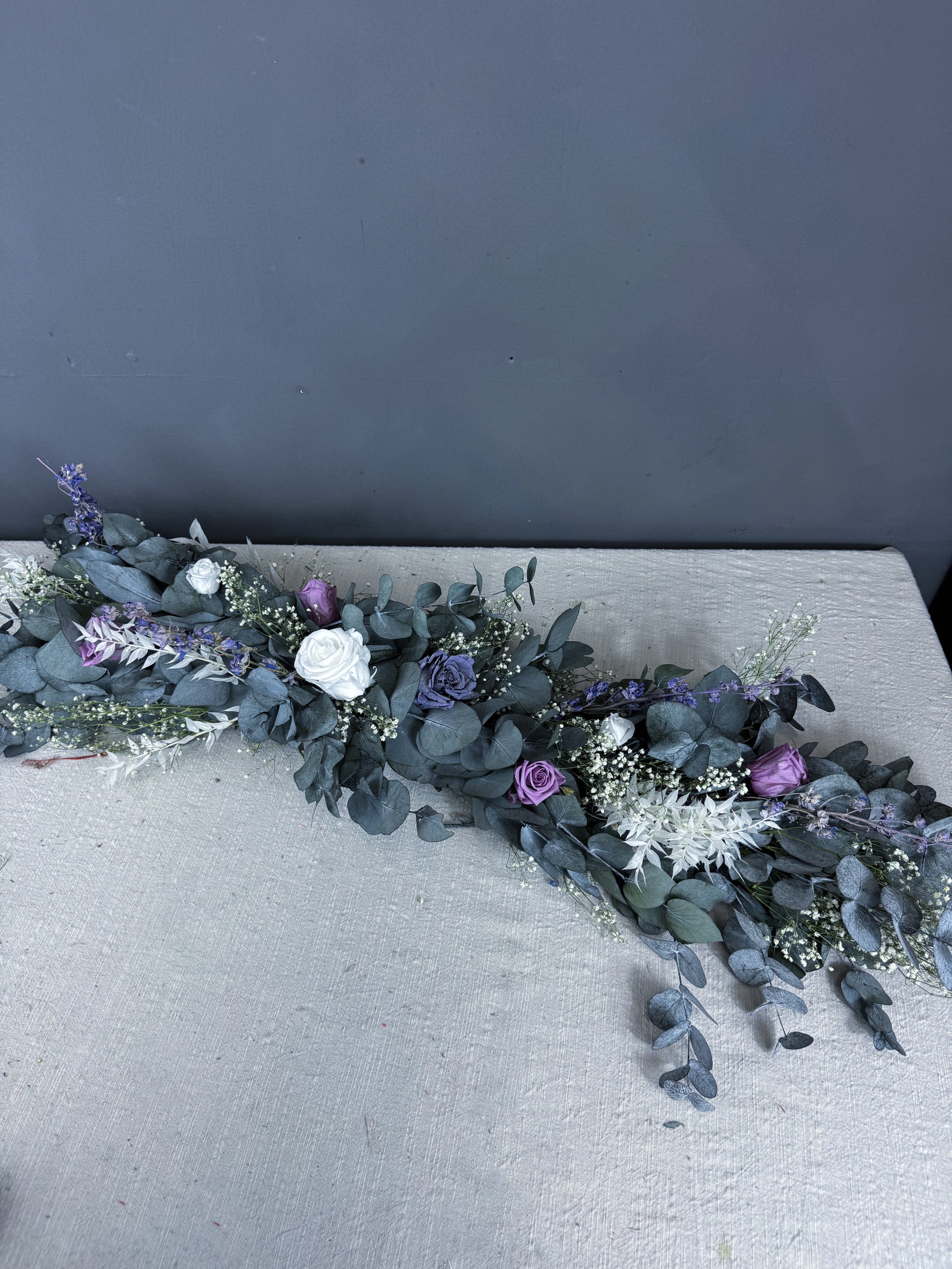 Amelia dried flower wedding garland -
Purple & white dried flower centrepiece - dried wedding flowers delivered uk