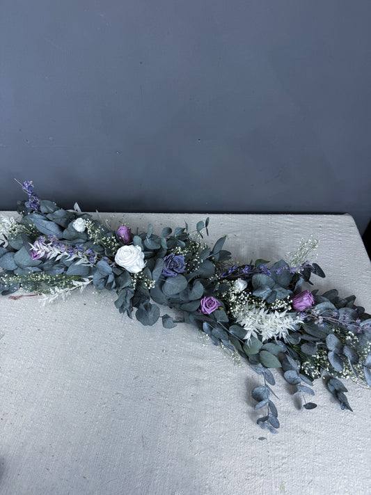 Amelia dried flower wedding garland -
Purple & white dried flower centrepiece - dried wedding flowers delivered uk