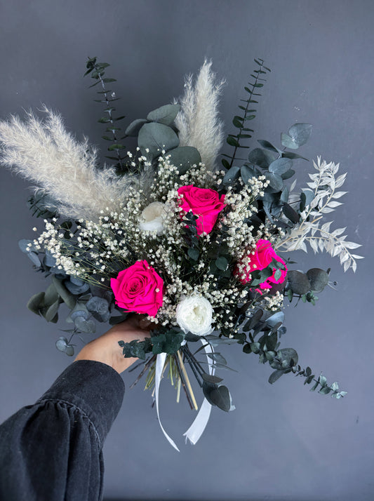 Elena dried flower wedding bouquet - hot pink rose and pampas - dried wedding flowers UK delivery