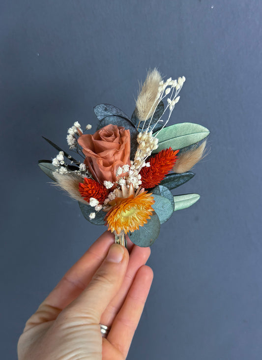 Dried flower buttonhole - orange and green - dried wedding flowers UK delivery