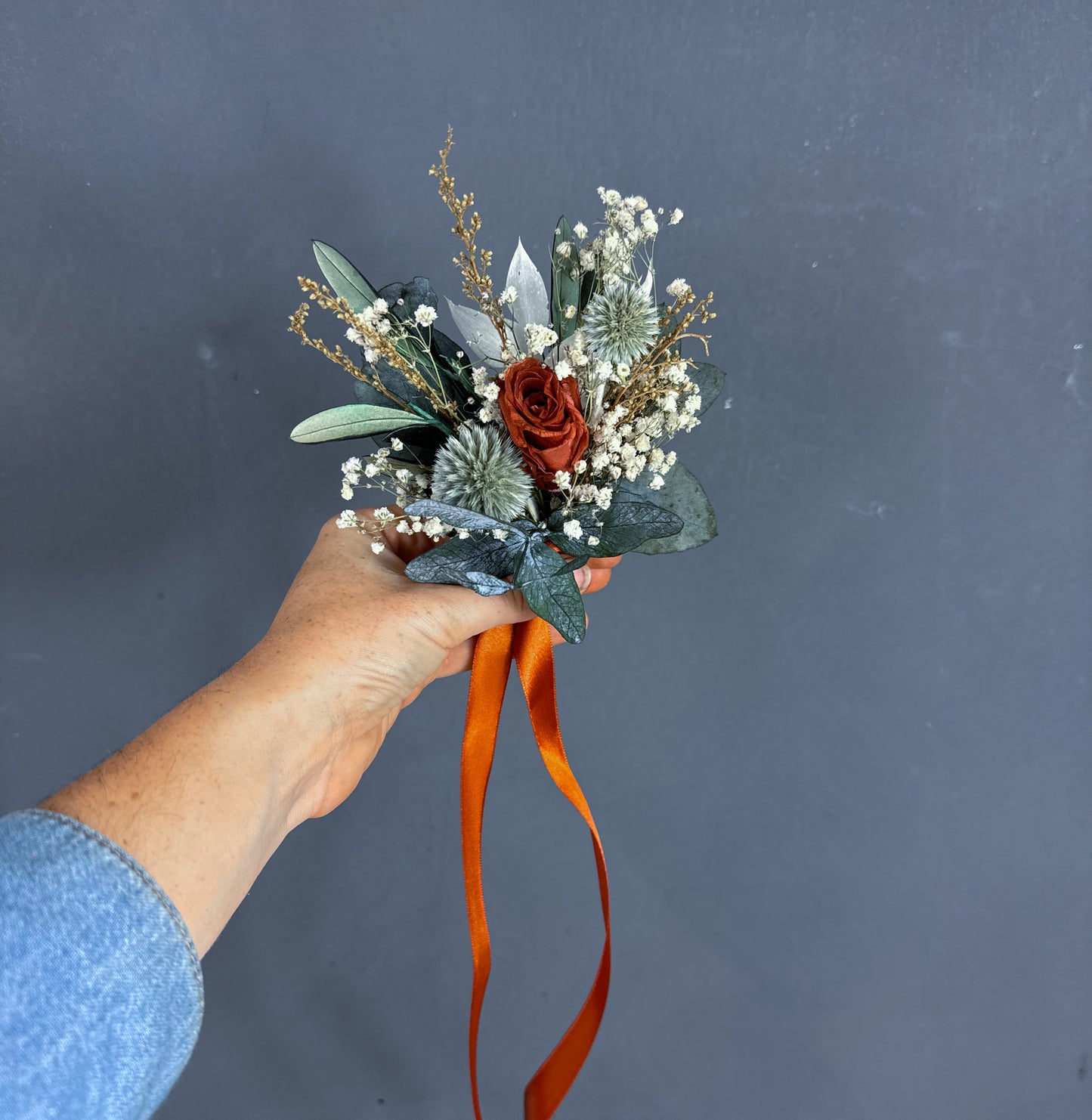Penny dried flower corsage - burnt orange & green - autumn dried wedding flowers uk delivery