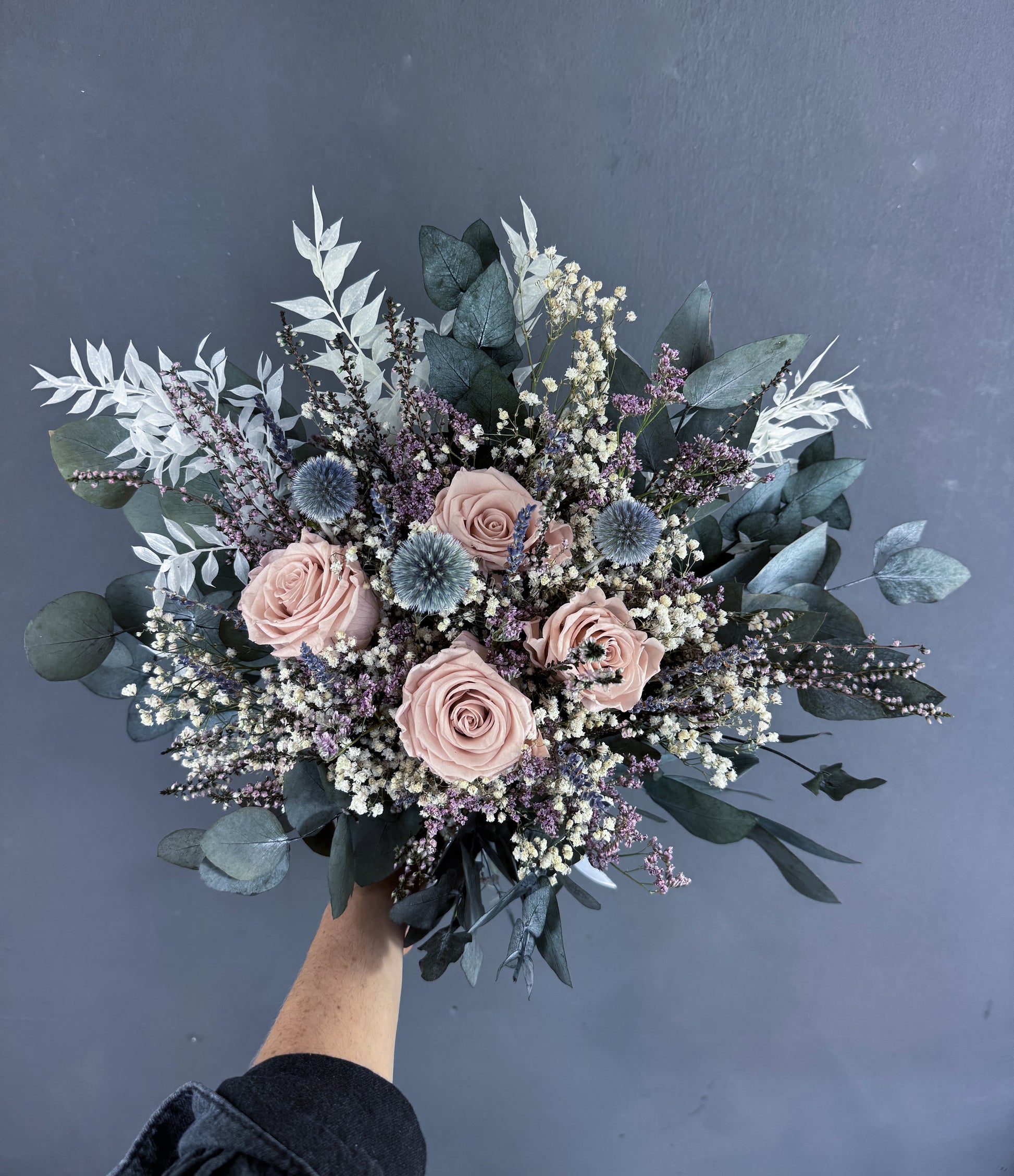 Cleo dried flower wedding bouquet - thistle and rose - dried flower bridal bouquets delivered UK wide