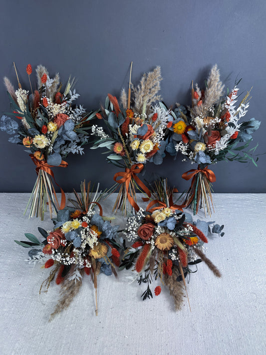 Marla dried flower bridesmaid bouquet - green & orange - autumn dried wedding flowers uk delivery