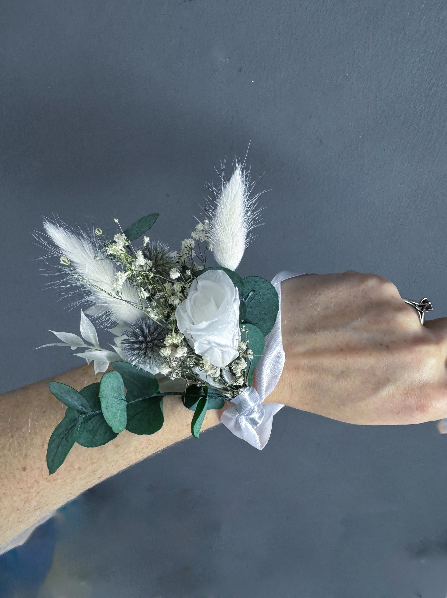 Laurel dried flower wrist corsage