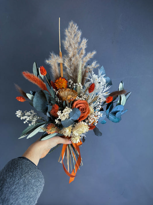 Marla dried flower wedding bouquet - green & orange - autumn dried wedding flowers uk delivery