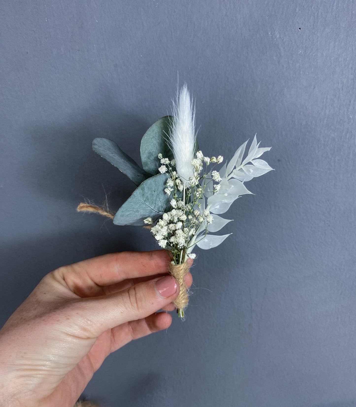 Dried flower buttonhole - green & white baby’s breath and eucalyptus - dried wedding flowers UK