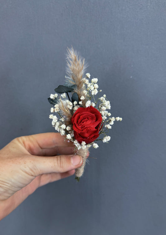 Red rose dried flower buttonhole - pampas & rose - dried wedding flowers delivered UK