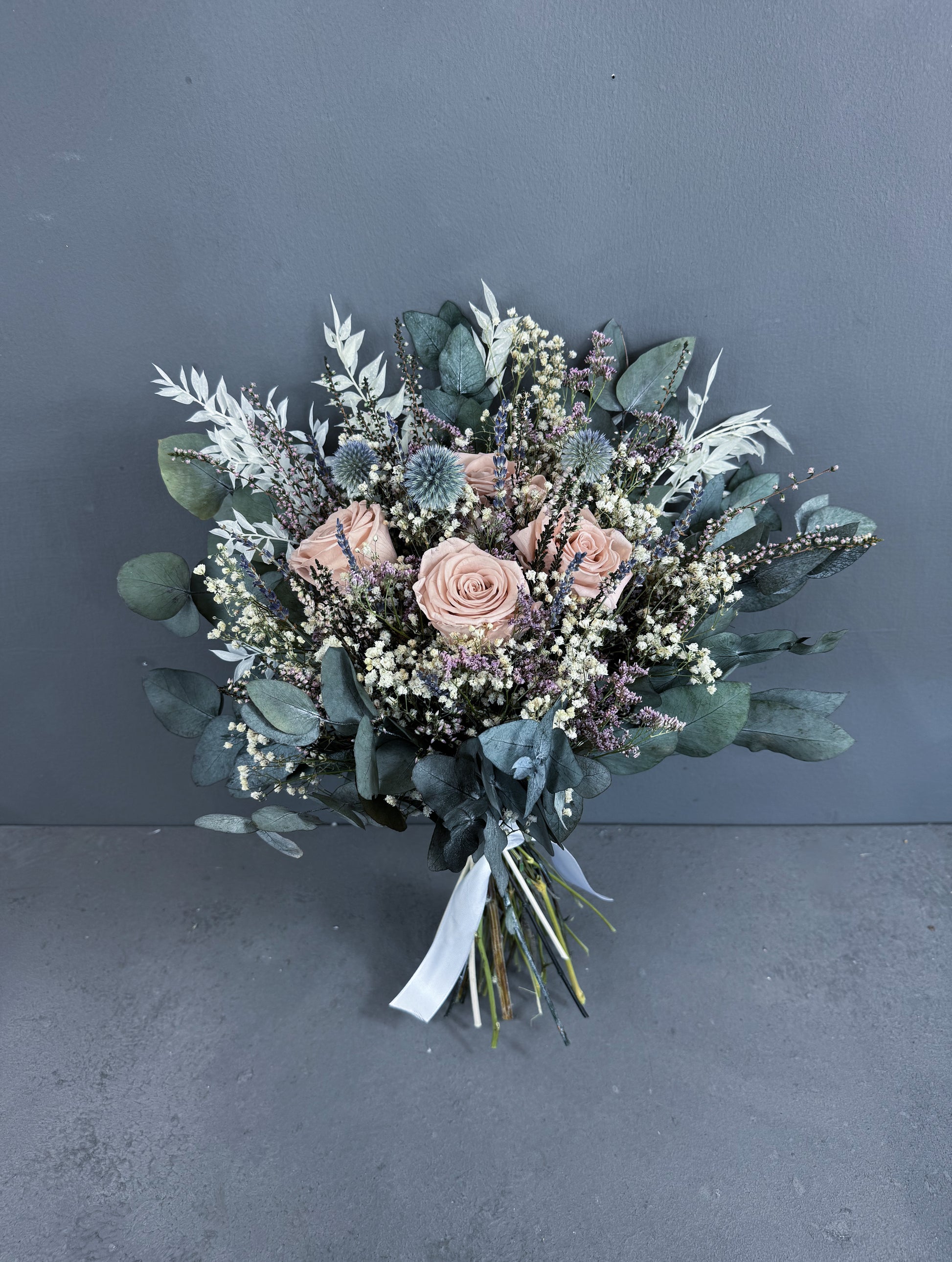Cleo dried bridal bouquet - thistle and dusky pink rose - dried wedding flowers delivered UK