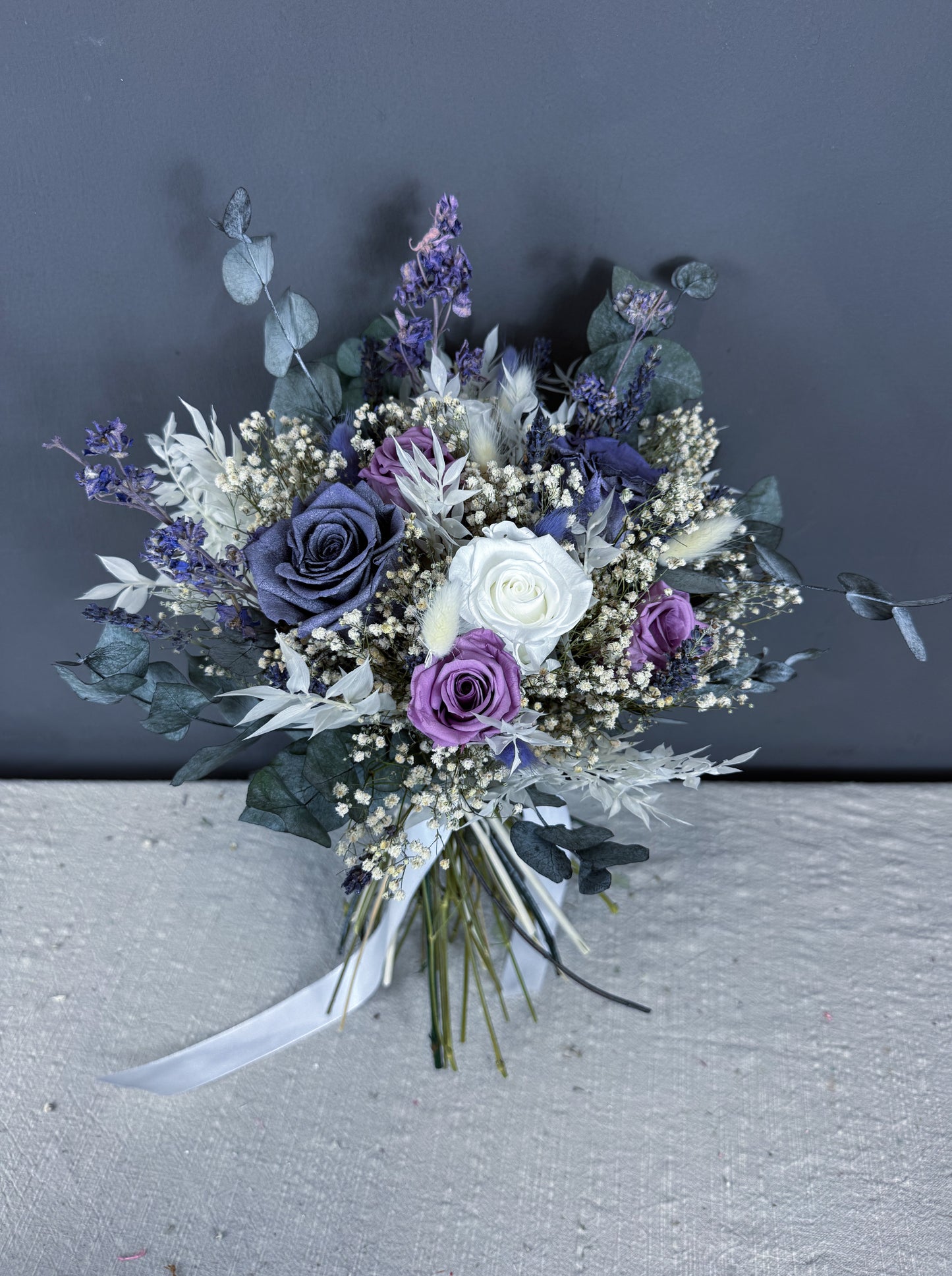 Amelia dried wedding bouquet - purple, white & green - dried wedding flowers UK delivery