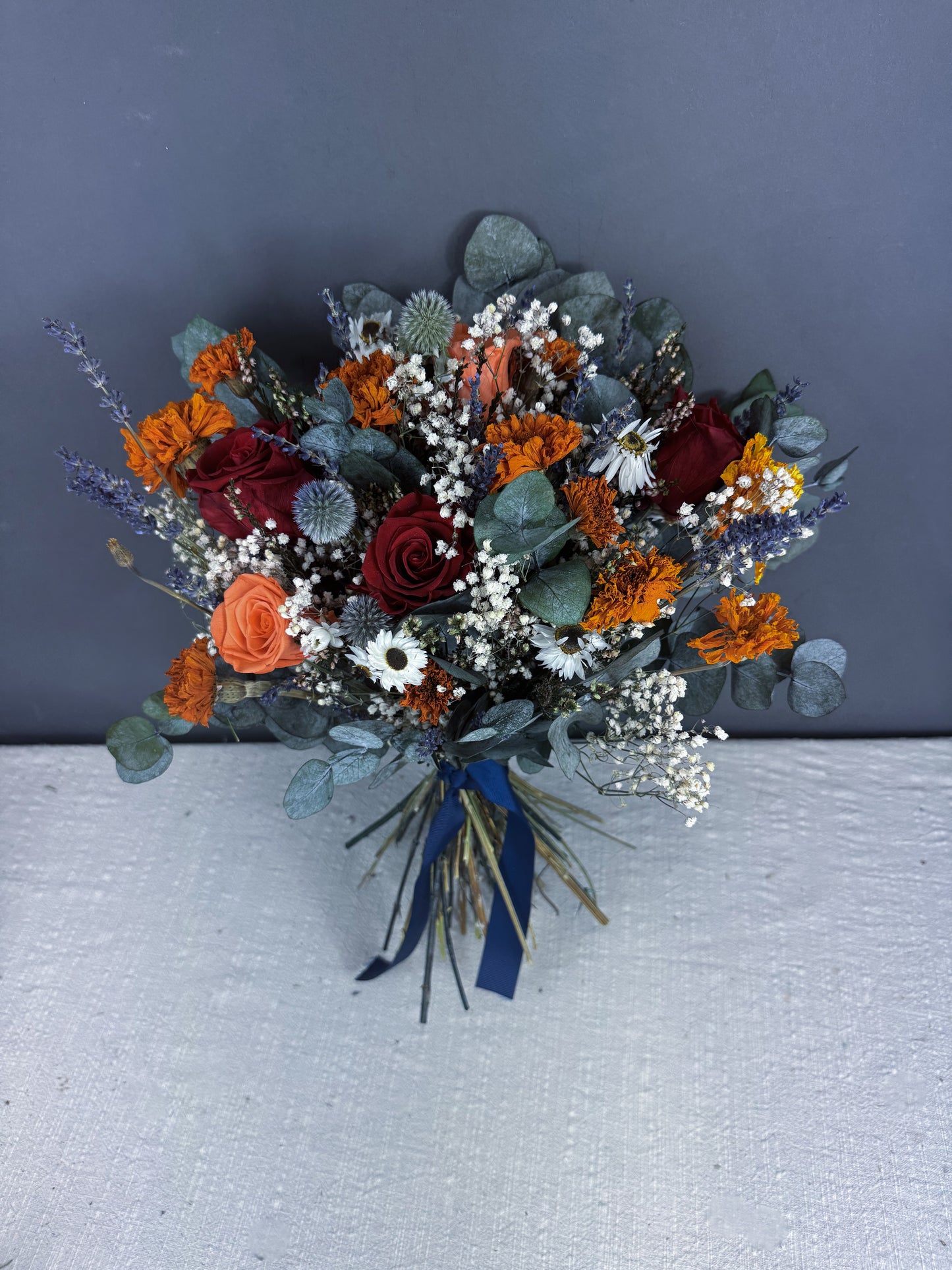 Mae dried wedding bouquet - orange & red rose- autumn dried wedding flowers delivered UK