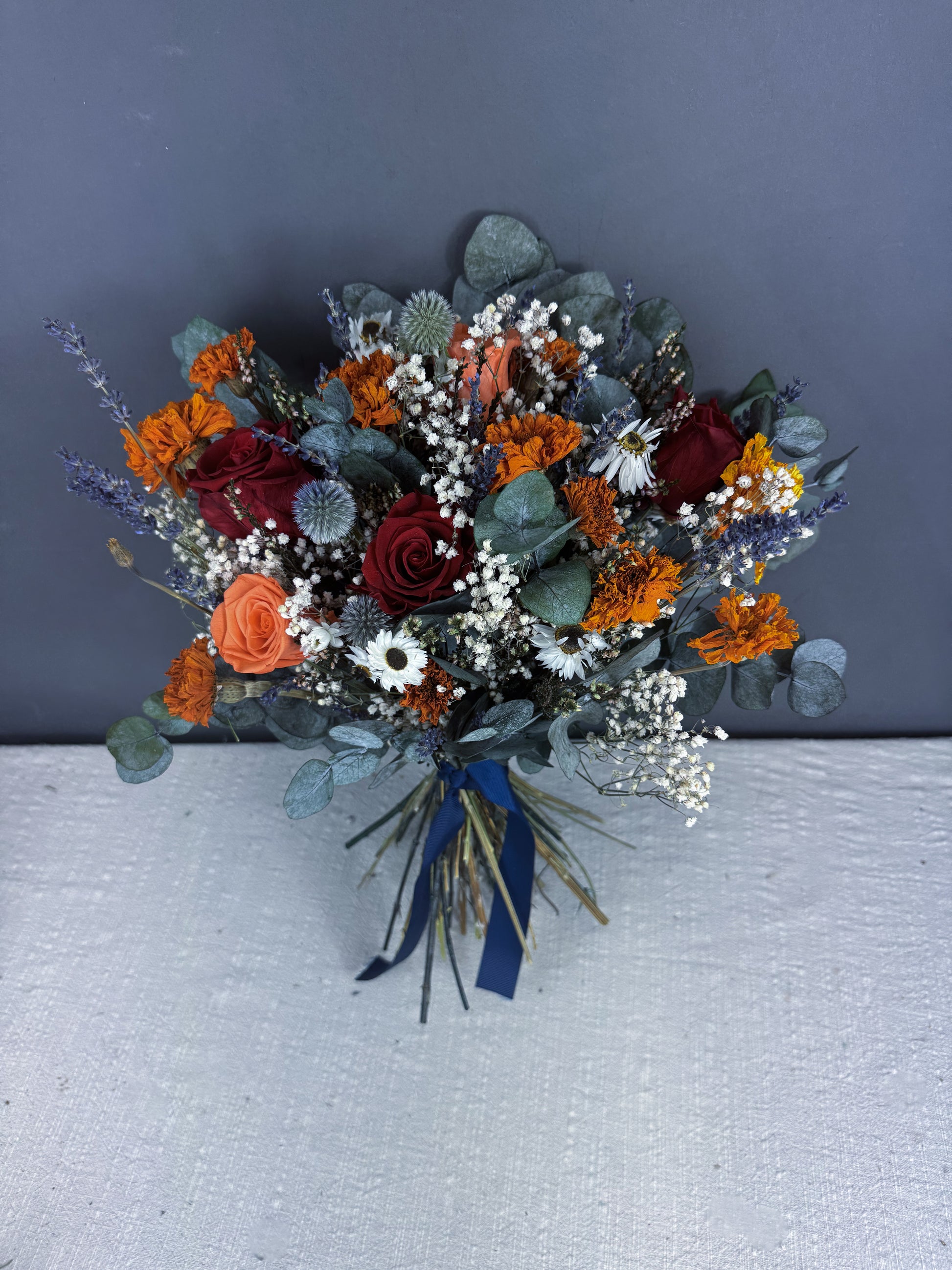 Mae dried wedding bouquet - orange & red rose- autumn dried wedding flowers delivered UK