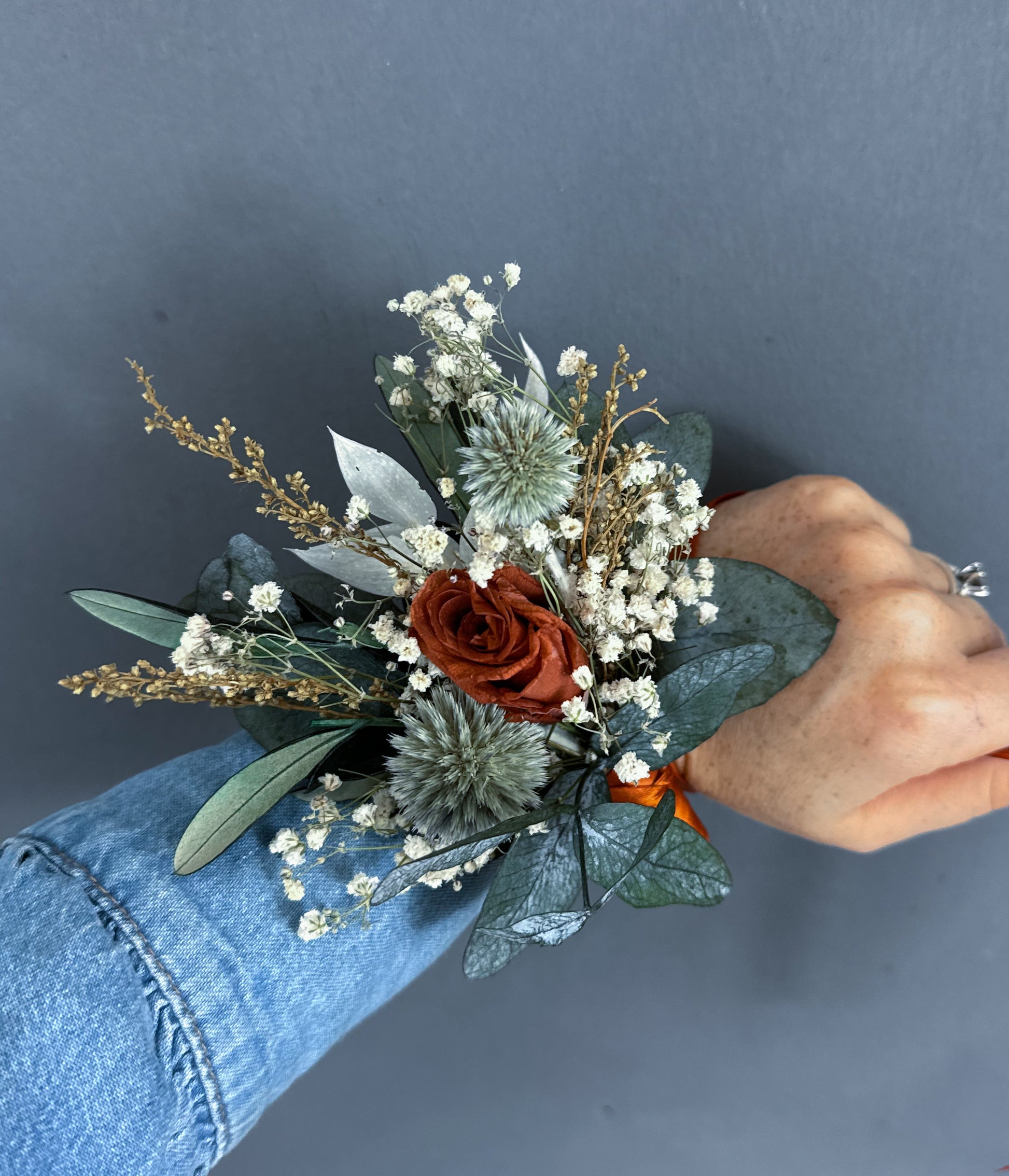 Penny dried flower corsage - burnt orange & green - dried flowers uk delivery
