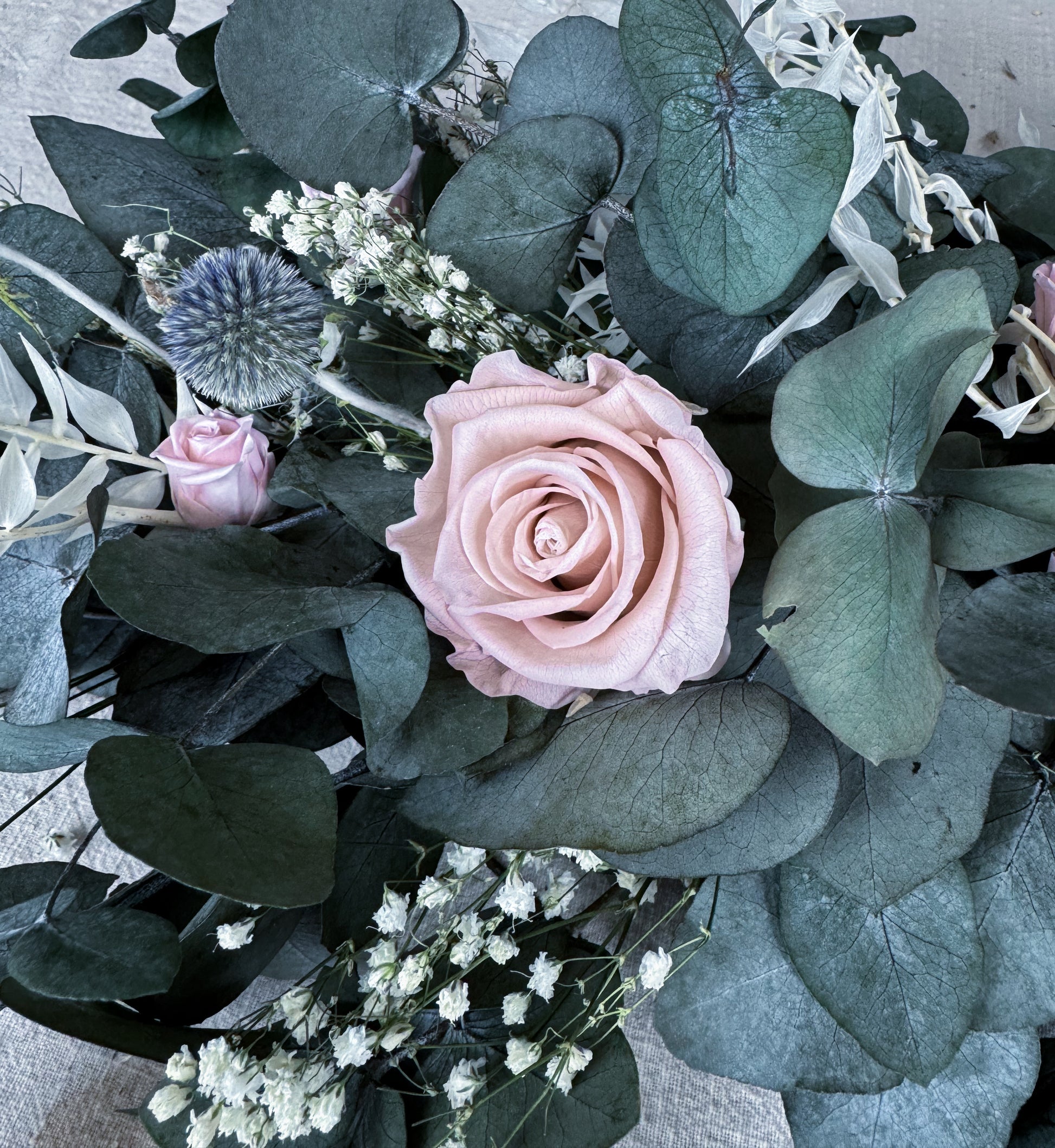 Elodie dried flower wedding garland - thistle and rose dried flower wedding centrepiece- dried wedding flowers delivered