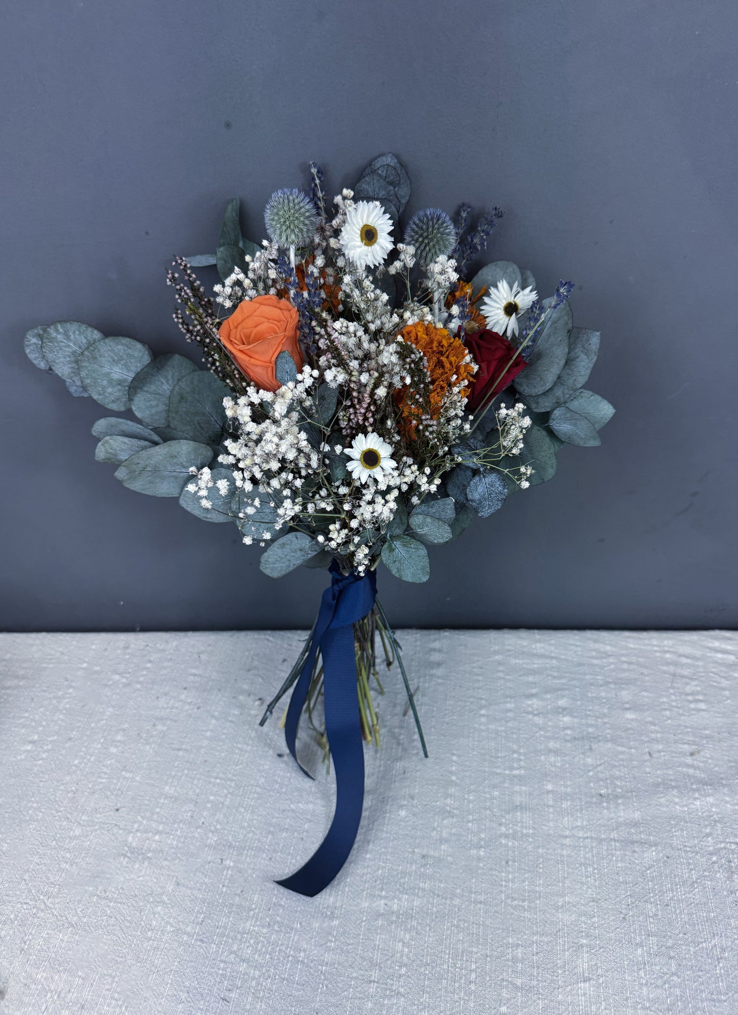 Mae dried flower bridesmaid bouquet - orange and red - autumn dried wedding flowers delivered UK