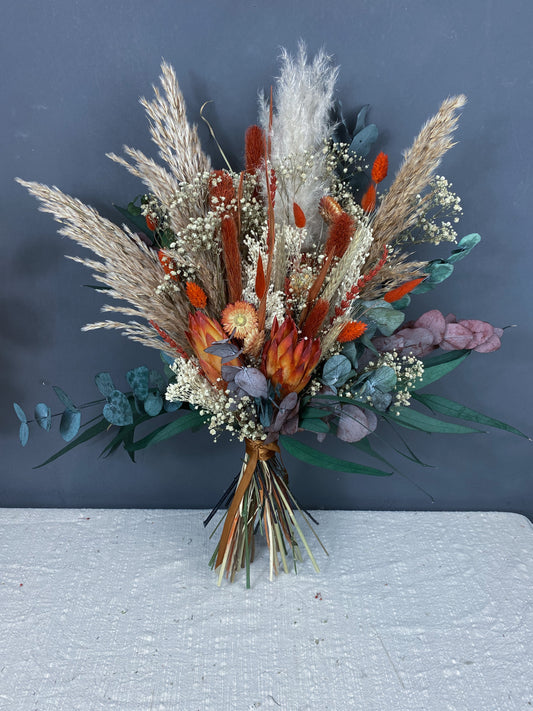 Erin dried flower bridal bouquet - pampas, burnt orange & green - dried wedding flowers delivered uk
