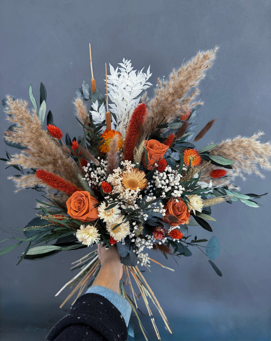 Marla autumn dried flower wedding bouquet - orange and green dried wedding flowers uk delivery