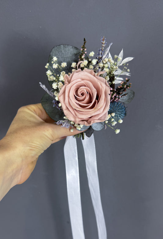 Cleo dried flower wedding corsage - rose and heather - dried wedding flowers delivered uk