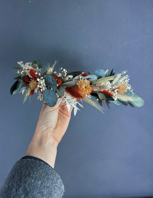 Nia dried flower wedding crown - wedding hair accessory green and orange - dried wedding flowers delivered UK