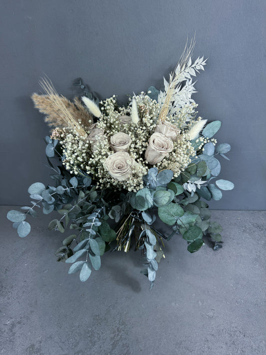Caitlin dried flower wedding bouquet - nudes, whites & greens - baby’s breath, rose & pampas - dried wedding flowers UK delivery