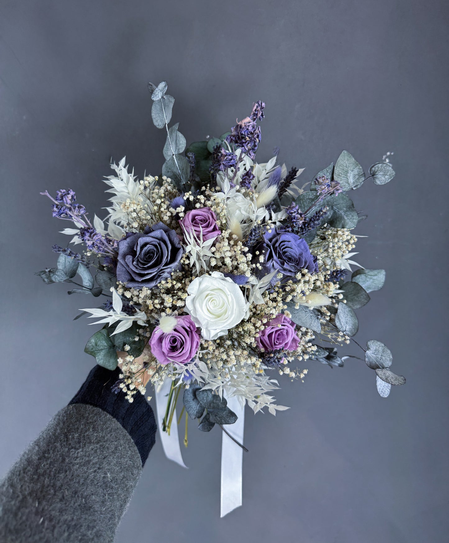 Amelia dried flower wedding bouquet - purple & white dried bridal bouquet - Dried wedding flowers delivered UK