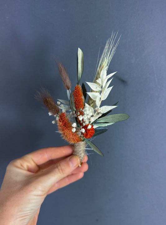 Marla dried flower buttonhole - orange and green - dried wedding flowers uk delivery