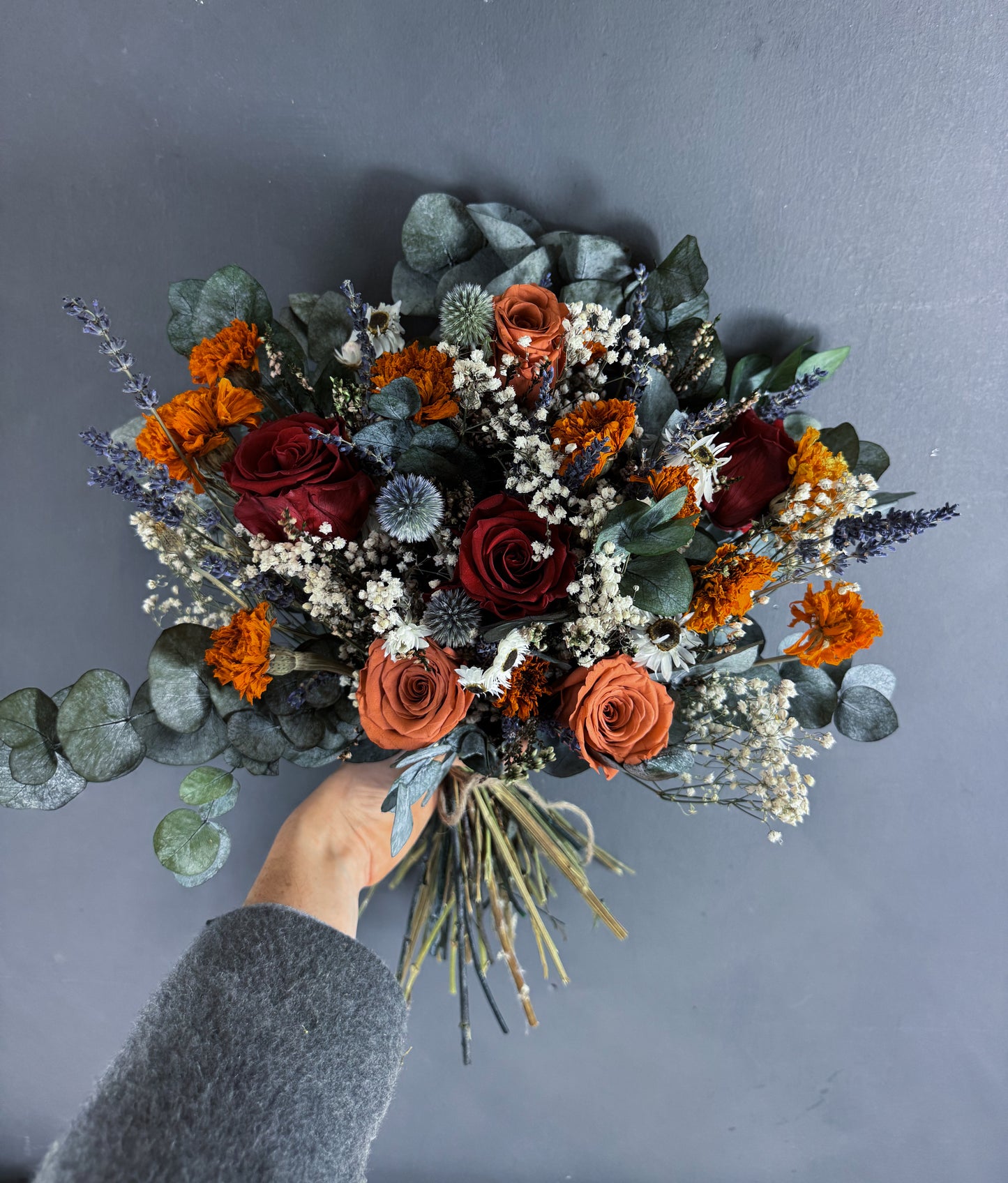 Mae dried flower wedding bouquet - orange & red rose - dried wedding flowers delivered UK