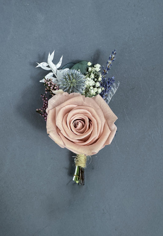 Cleo dried flower buttonhole - rose and thistle - dried wedding flowers delivered UK
