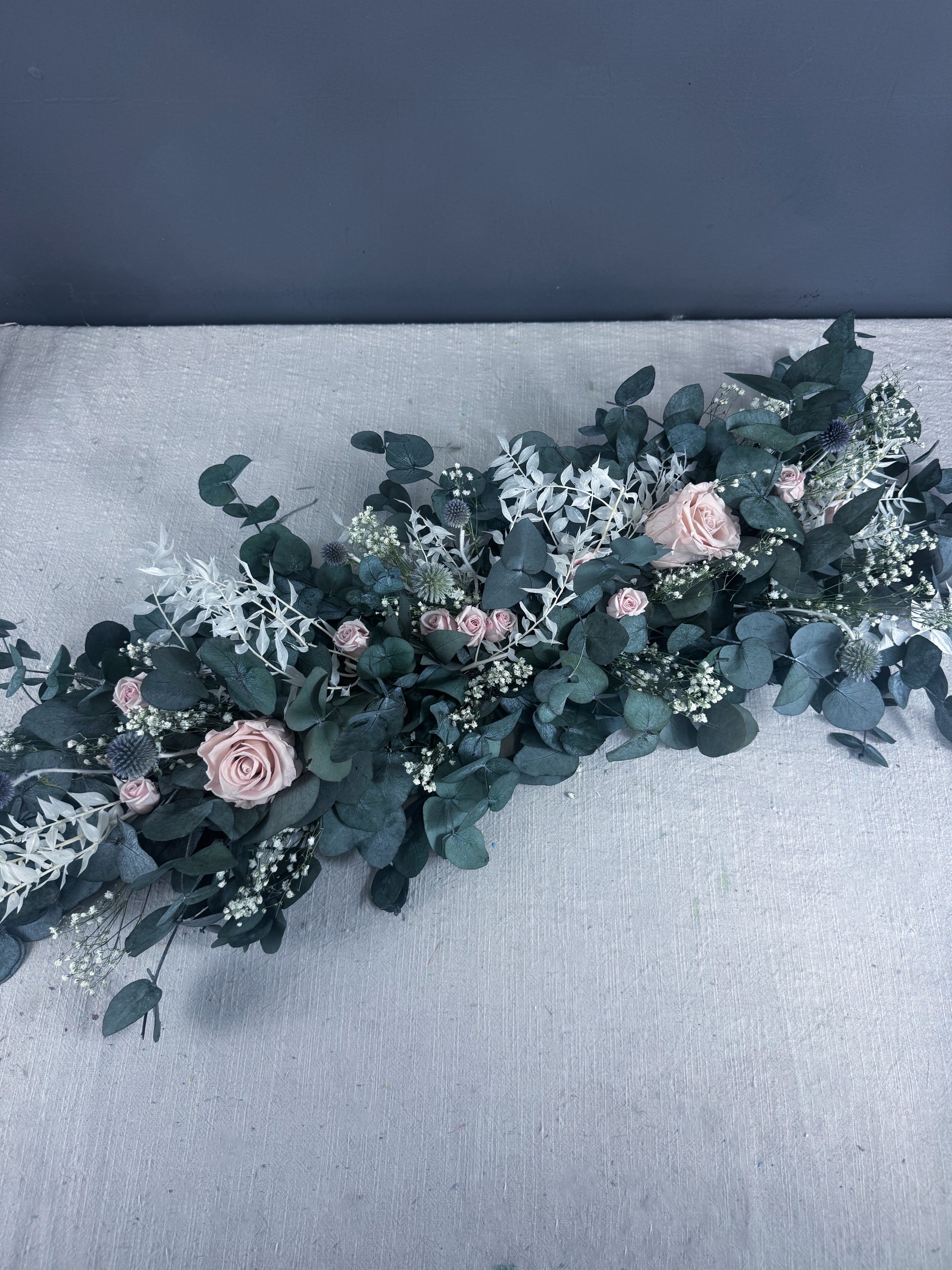 Elodie thistle and rose dried flower wedding garland - dried flower wedding centrepiece- dried wedding flowers delivered