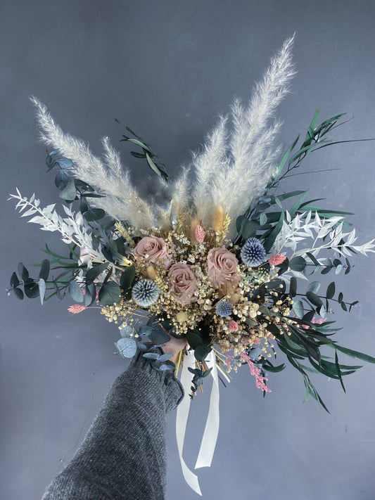 Nora dried flower wedding bouquet - pink rose & thistle & pampas - dried wedding flowers delivered UK