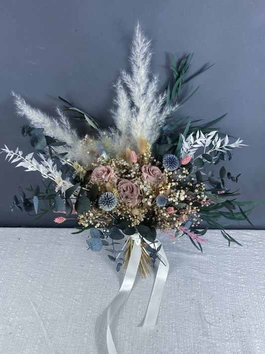 Nora dried flower bridal bouquet - pink rose, thistle & pampas - dried wedding flowers UK