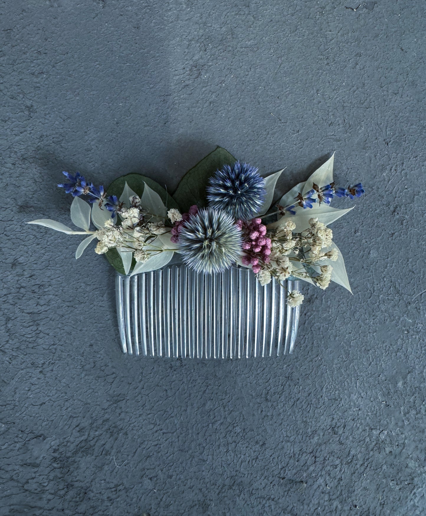 Devon dried flower wedding hair comb - dried flower wedding hair accessories - thistle & eucalyptus - dried wedding flowers delivered uk