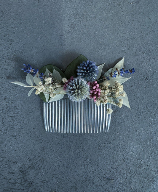 Devon dried flower wedding hair comb - dried flower wedding hair accessories - thistle & eucalyptus - dried wedding flowers delivered uk