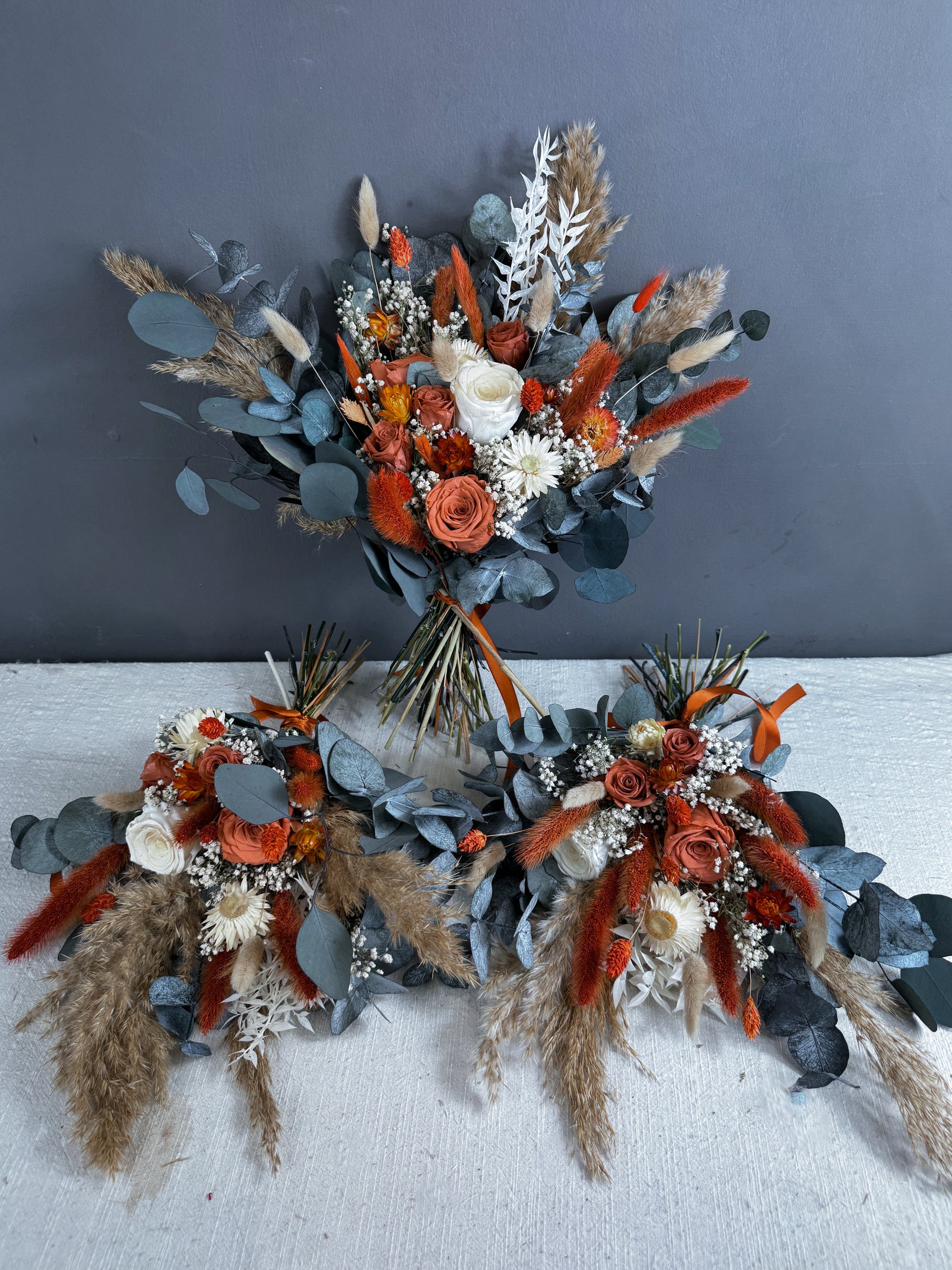 Pearl dried flower bridesmaid bouquet - burnt orange and blue autumn dried wedding flowers delivered UK