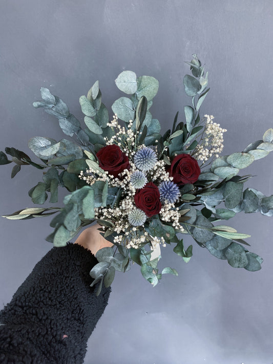 Lena dried flower wedding bouquet - red rose and thistle - dried wedding flowers delivered UK