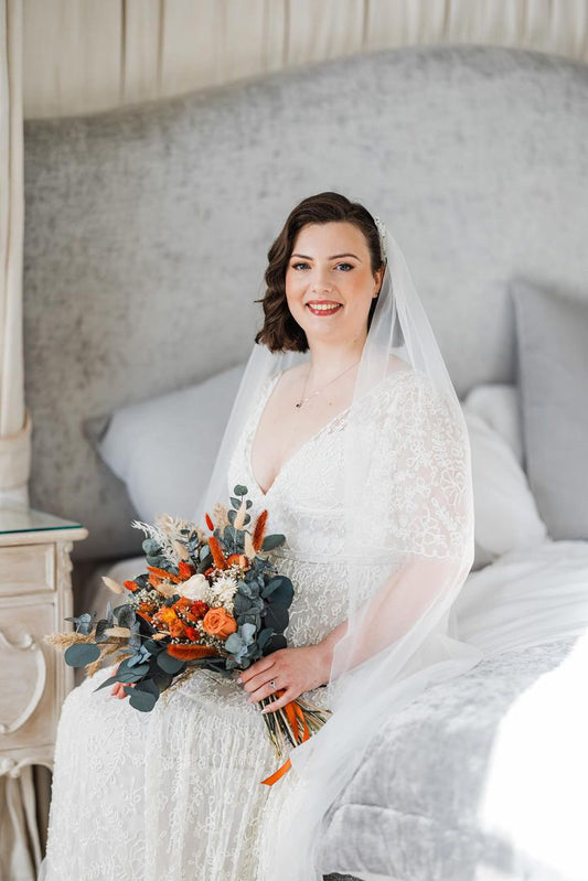 Pearl dried wedding bouquet - burnt orange, white & blue - dried wedding flowers delivered UK