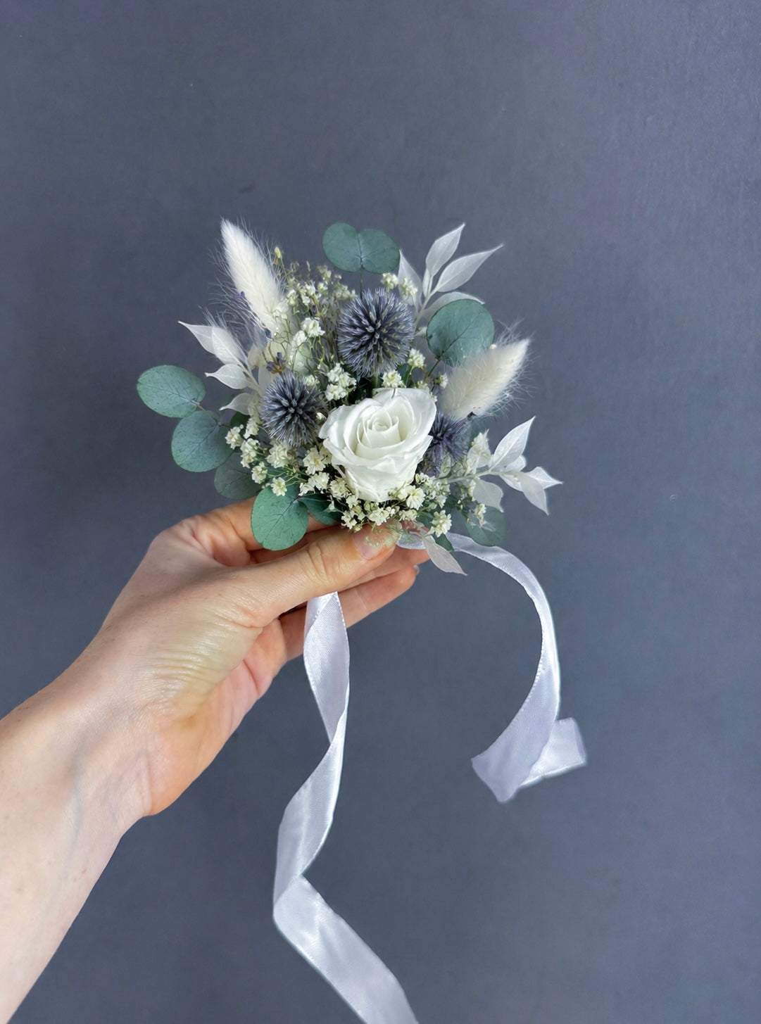 Laurel dried flower wrist corsage