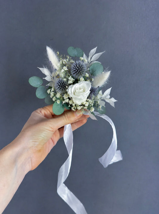 Laurel dried flower wrist corsage