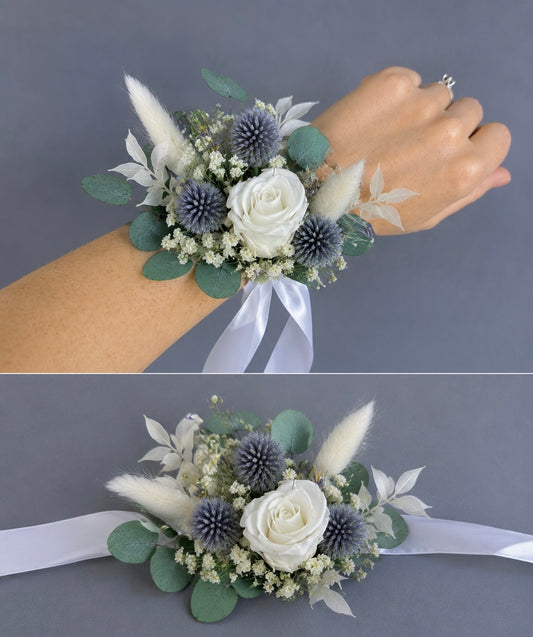 Laurel dried flower wrist corsage