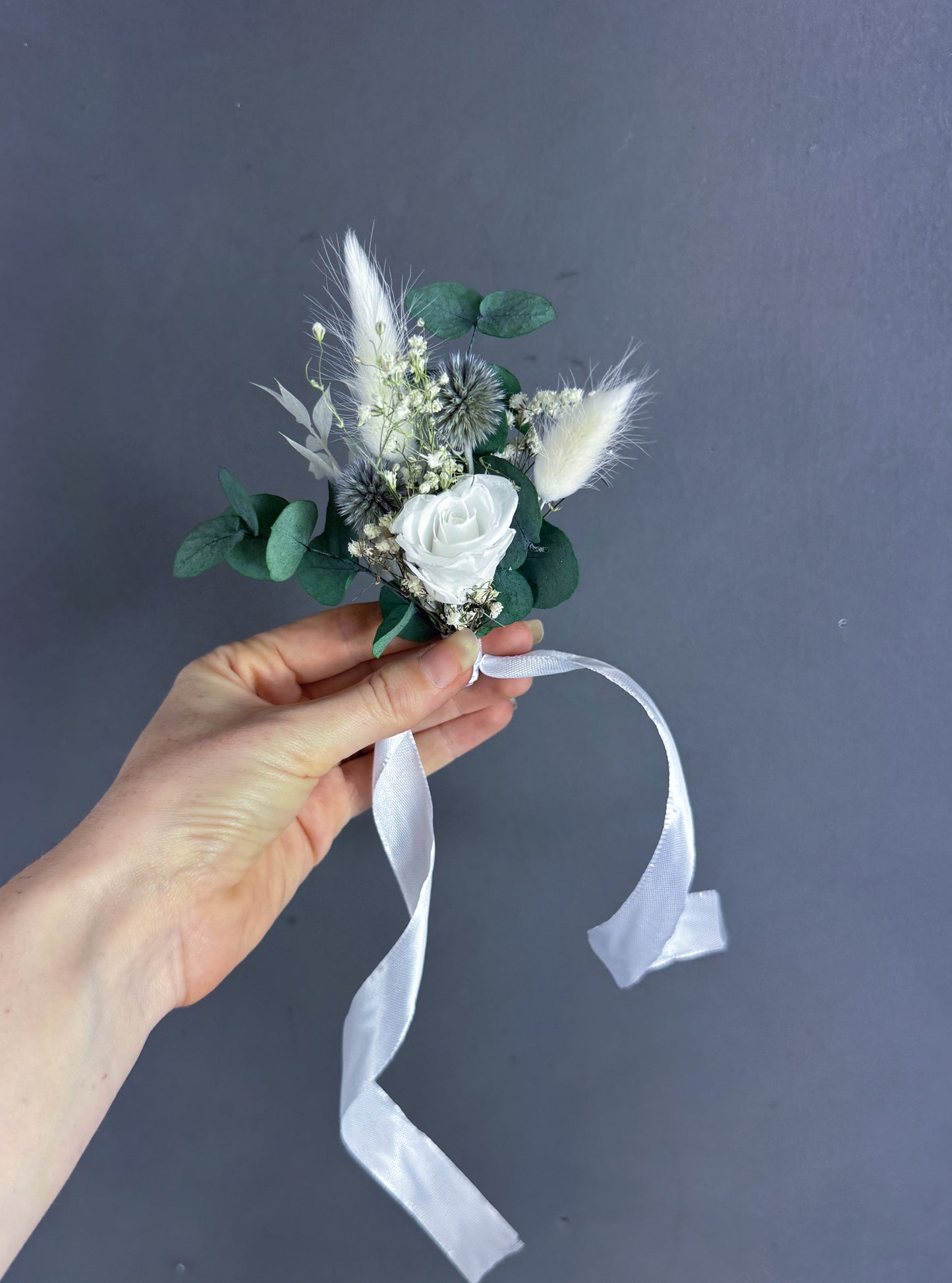 Laurel dried flower wrist corsage