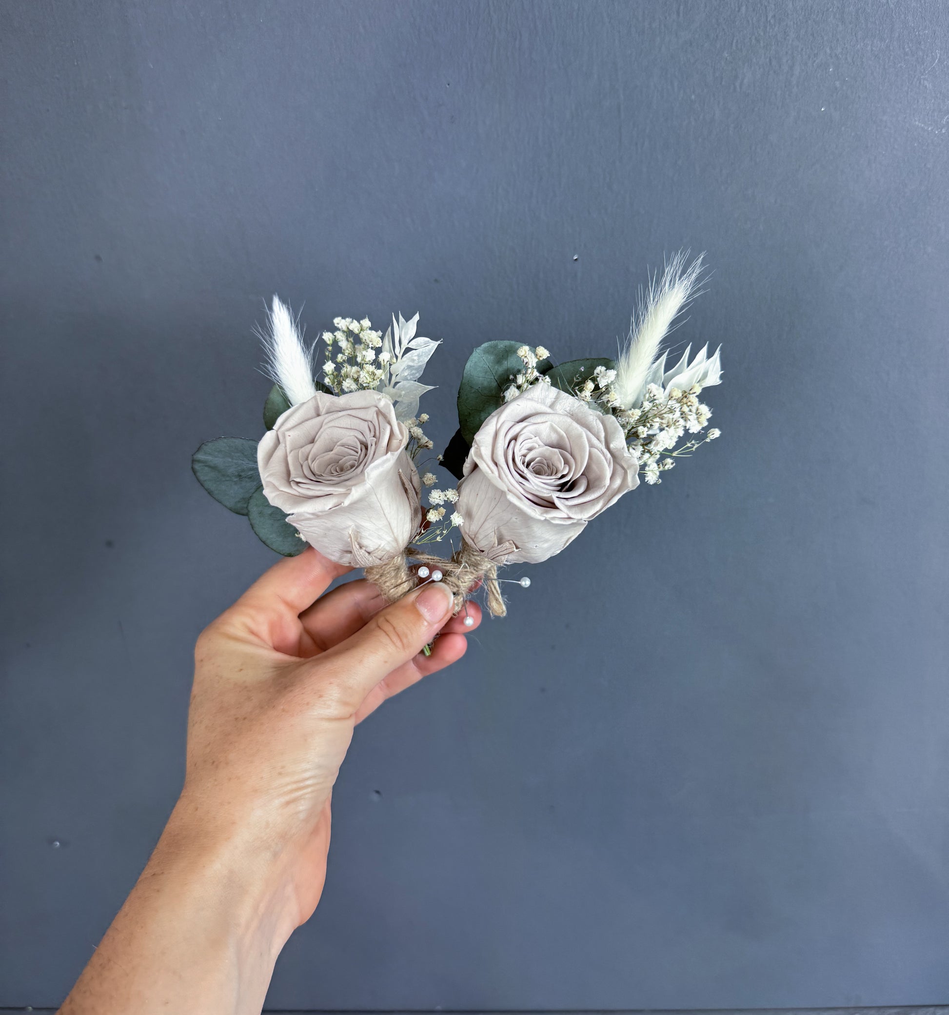 Caitlin dried flower buttonhole - nude, white & green - rose - dried wedding flowers delivered UK 