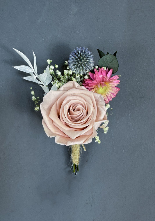 Cat dried flower buttonhole - pink rose and thistle - dried wedding flowers delivered 